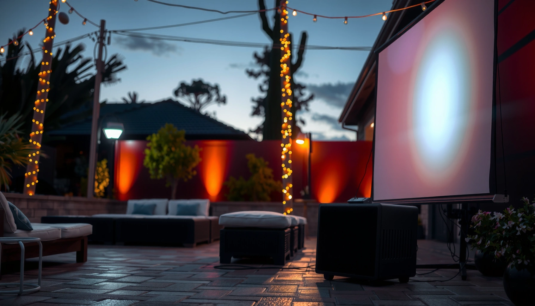 An outdoor projector displaying bright images, illustrating how many lumens are needed for optimal viewing.