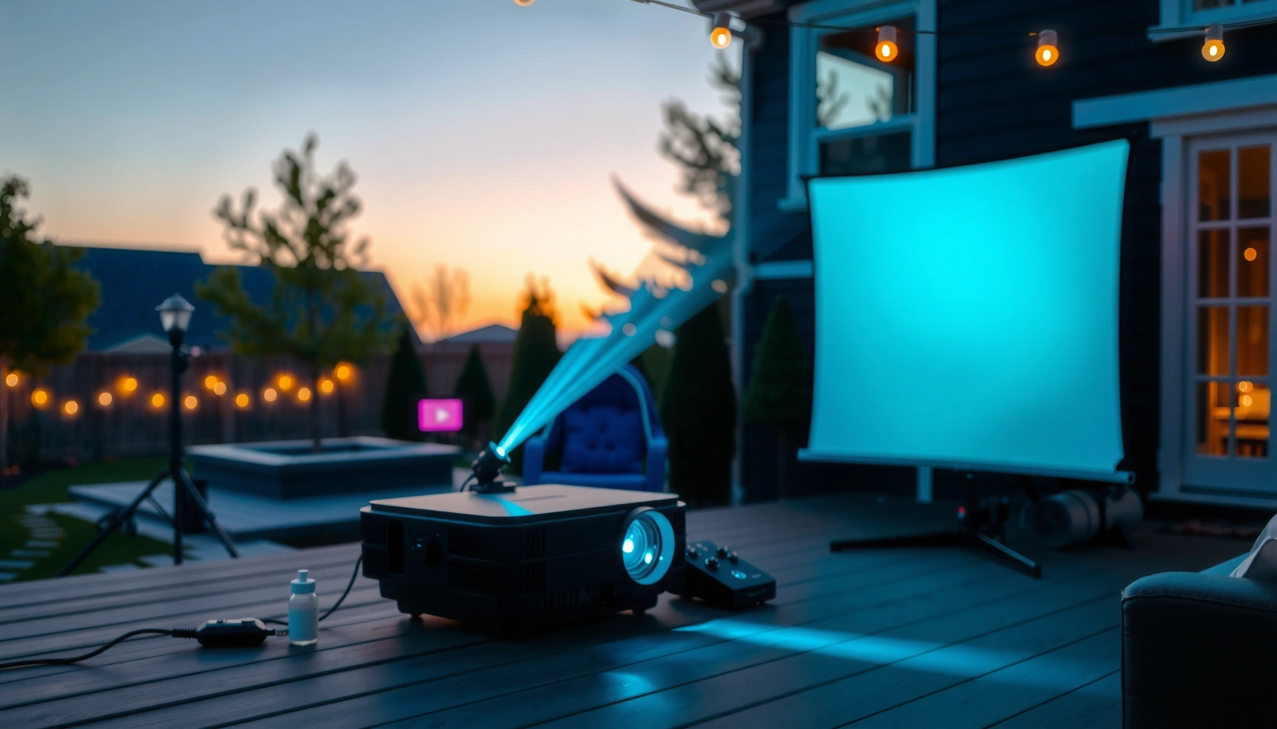 A bright outdoor projector displaying images, illustrating the importance of lumens for outdoor viewing.