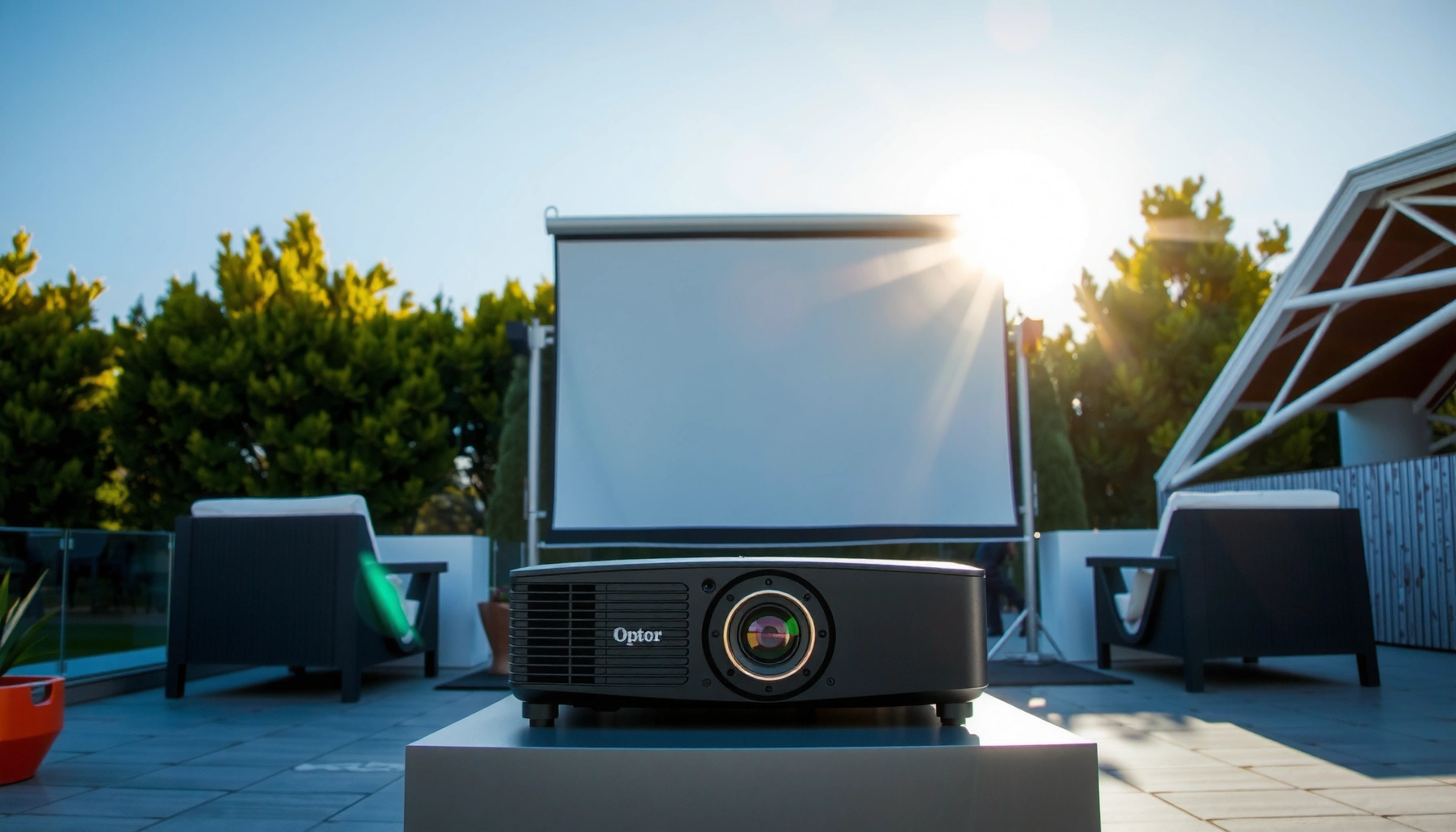A bright outdoor projector displaying images during the daytime, showcasing lumens for optimal viewing.