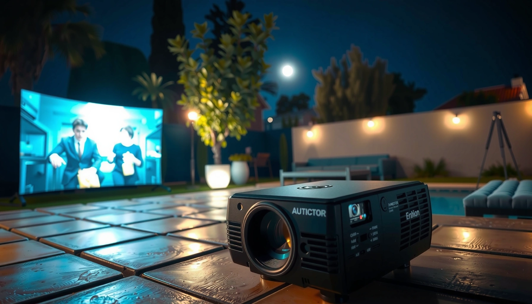 Guide on how many lumens are good for outdoor projectors, featuring a bright projector image.
