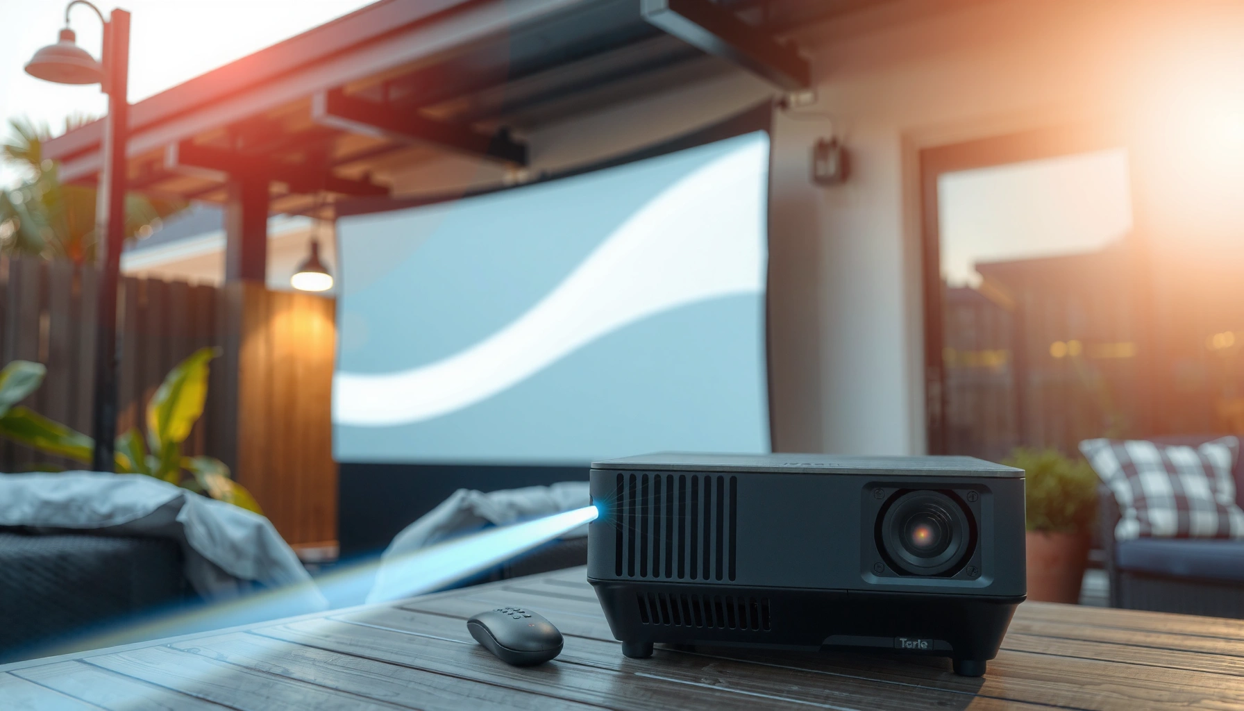 An outdoor projector displaying images in daylight, illustrating lumens needed for visibility.