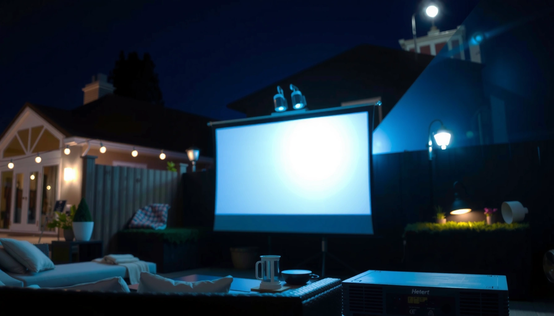 An outdoor projector setup demonstrating lumens needed for night viewing.