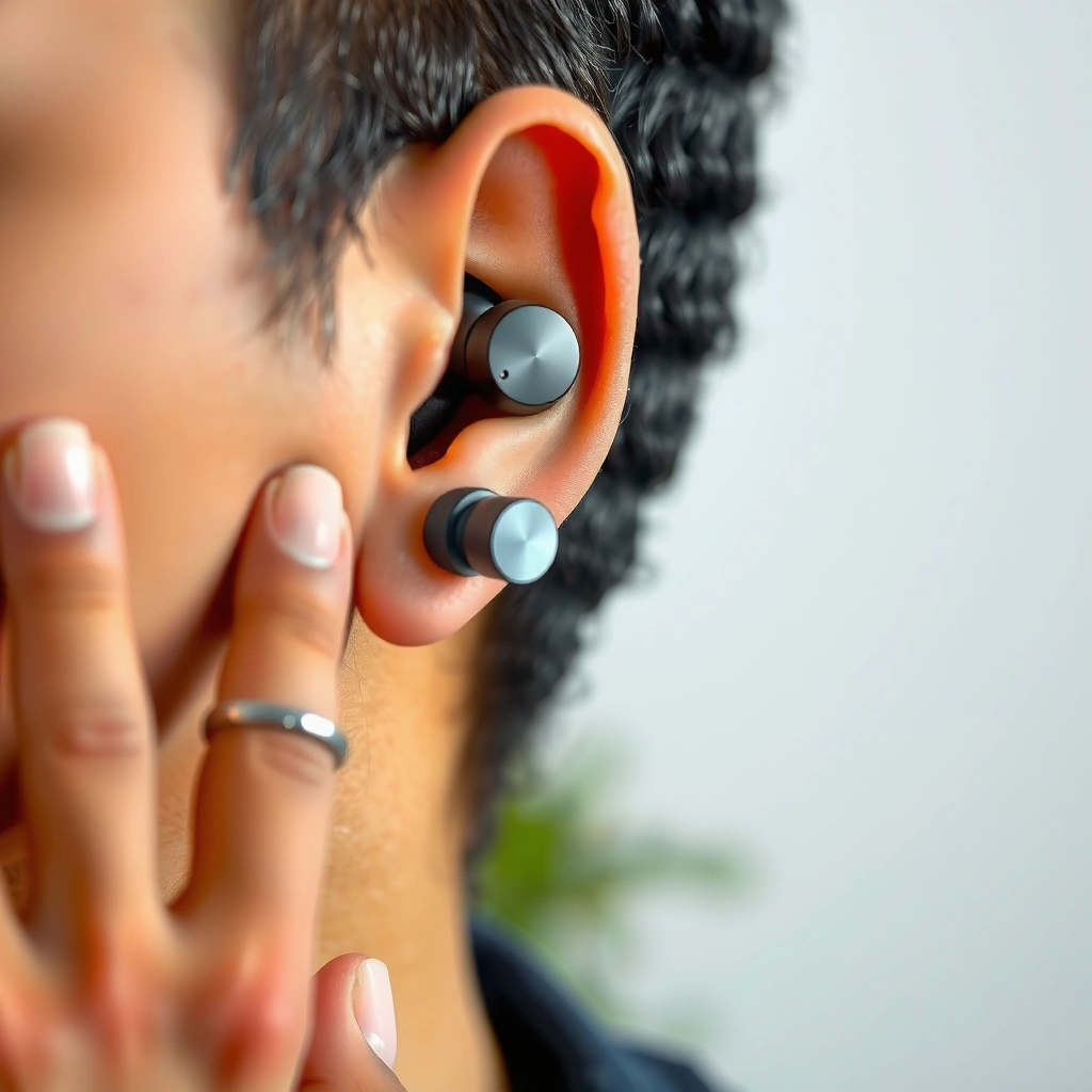 A person preparing earbuds for use, demonstrating how to properly hold and position them before insertion.