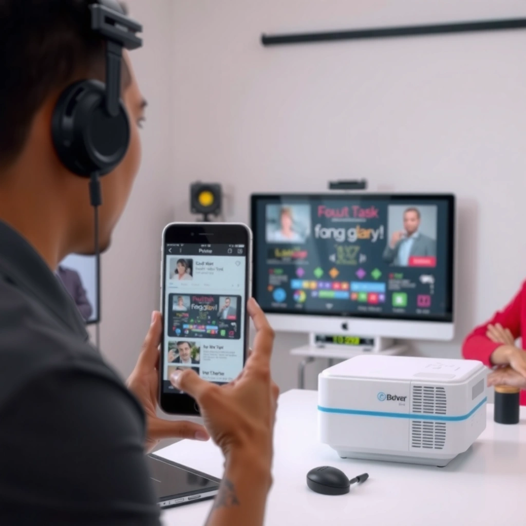 A person checking compatibility between a projector and a smartphone for casting.