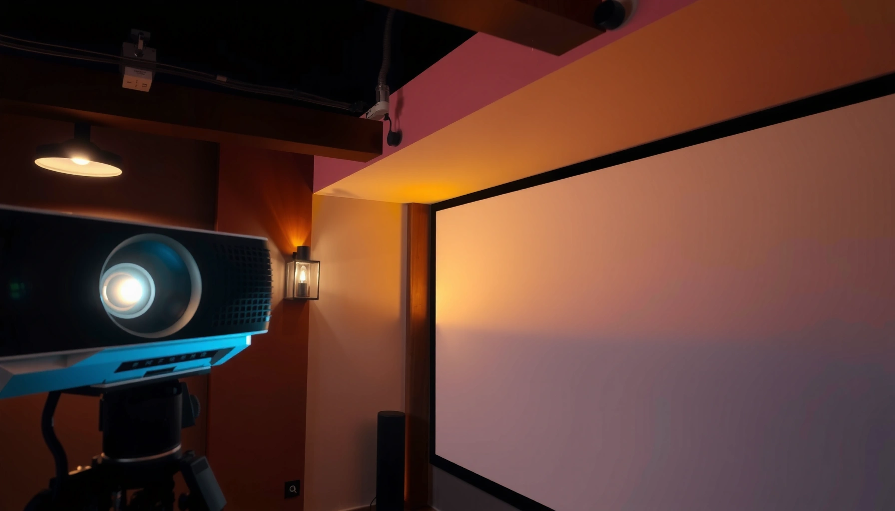 A person adjusting a projector angle for optimal picture quality in a home theater setup.