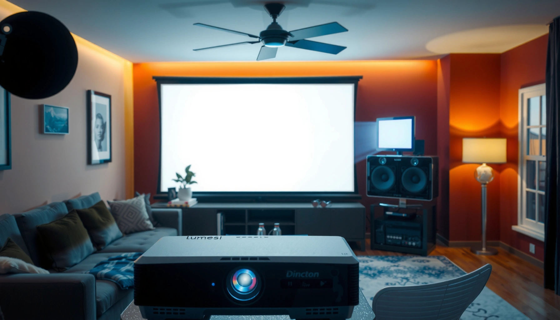 A bright room with a projector displaying clear images, illustrating lumens needed for optimal viewing.