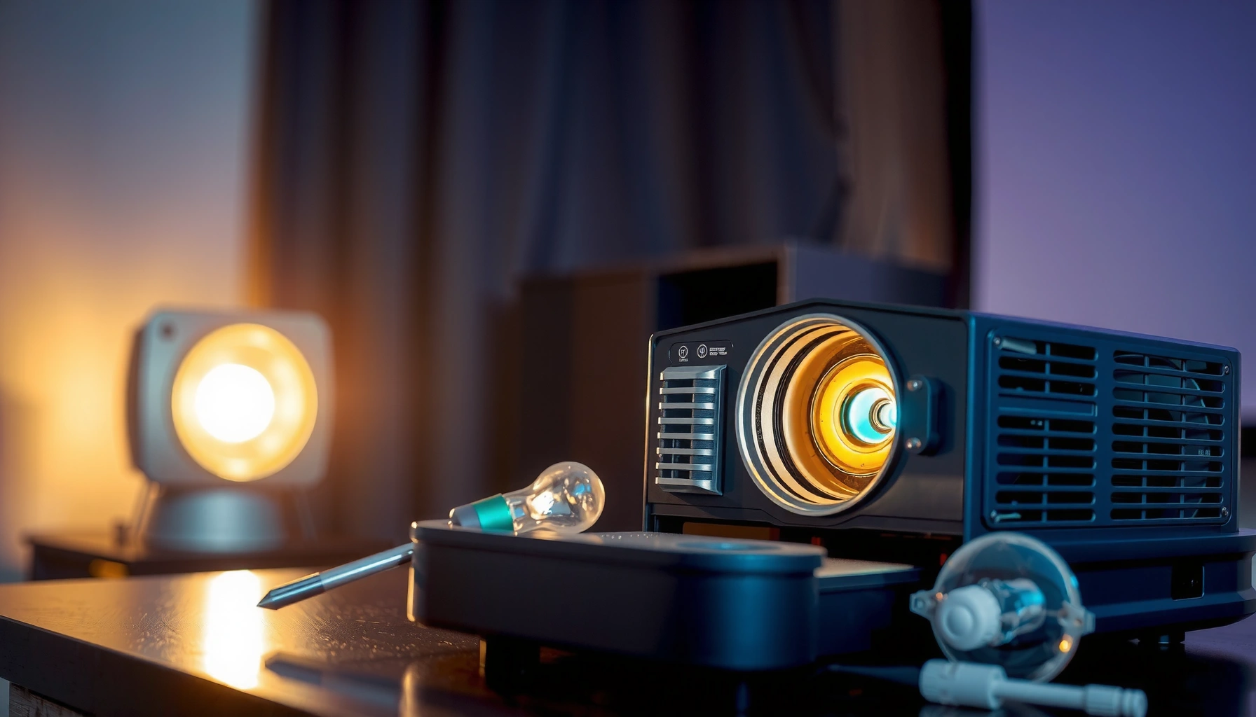 Infographic showing typical costs and factors for replacing a projector bulb.