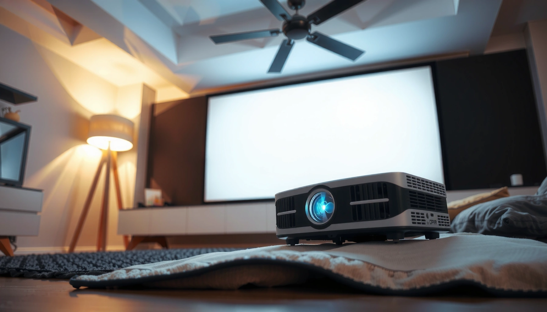 Illustration showing optimal distance for projector placement in relation to the screen size.