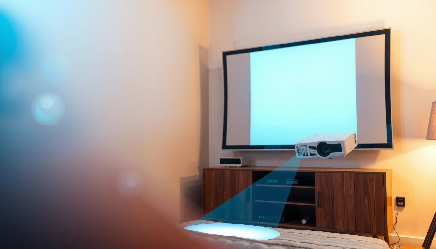 Illustration showing the optimal distance for projector placement in a home theater setup.