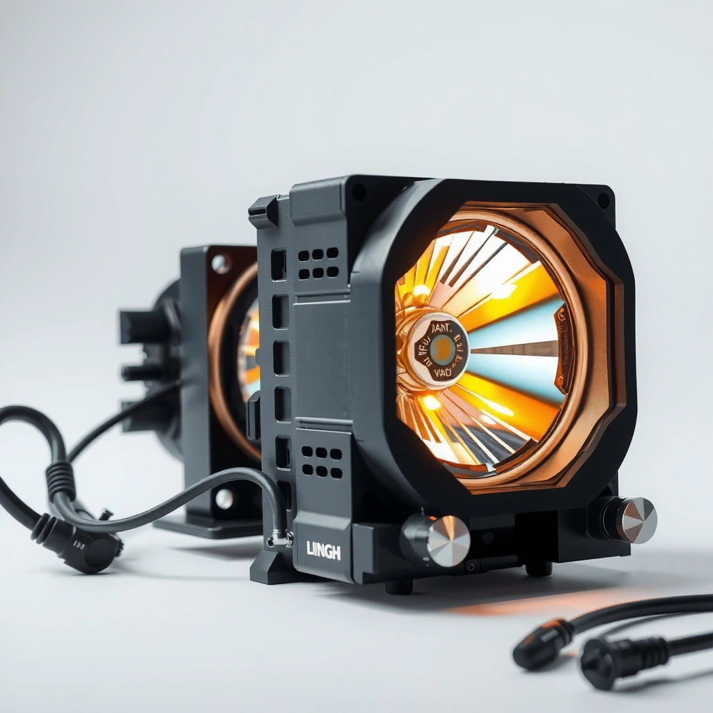 Close-up of projector lamp warning indicators showing alerts for maintenance and troubleshooting.