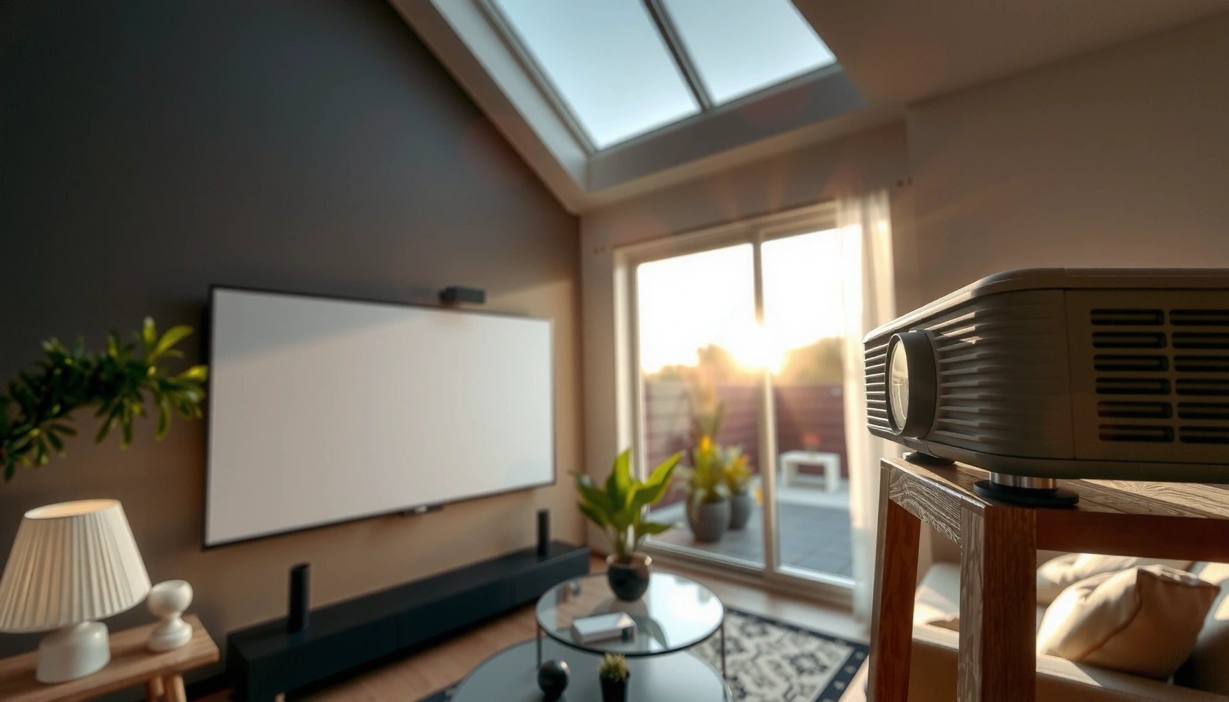 A projector displaying bright images in daylight, illustrating lumens needed for visibility.