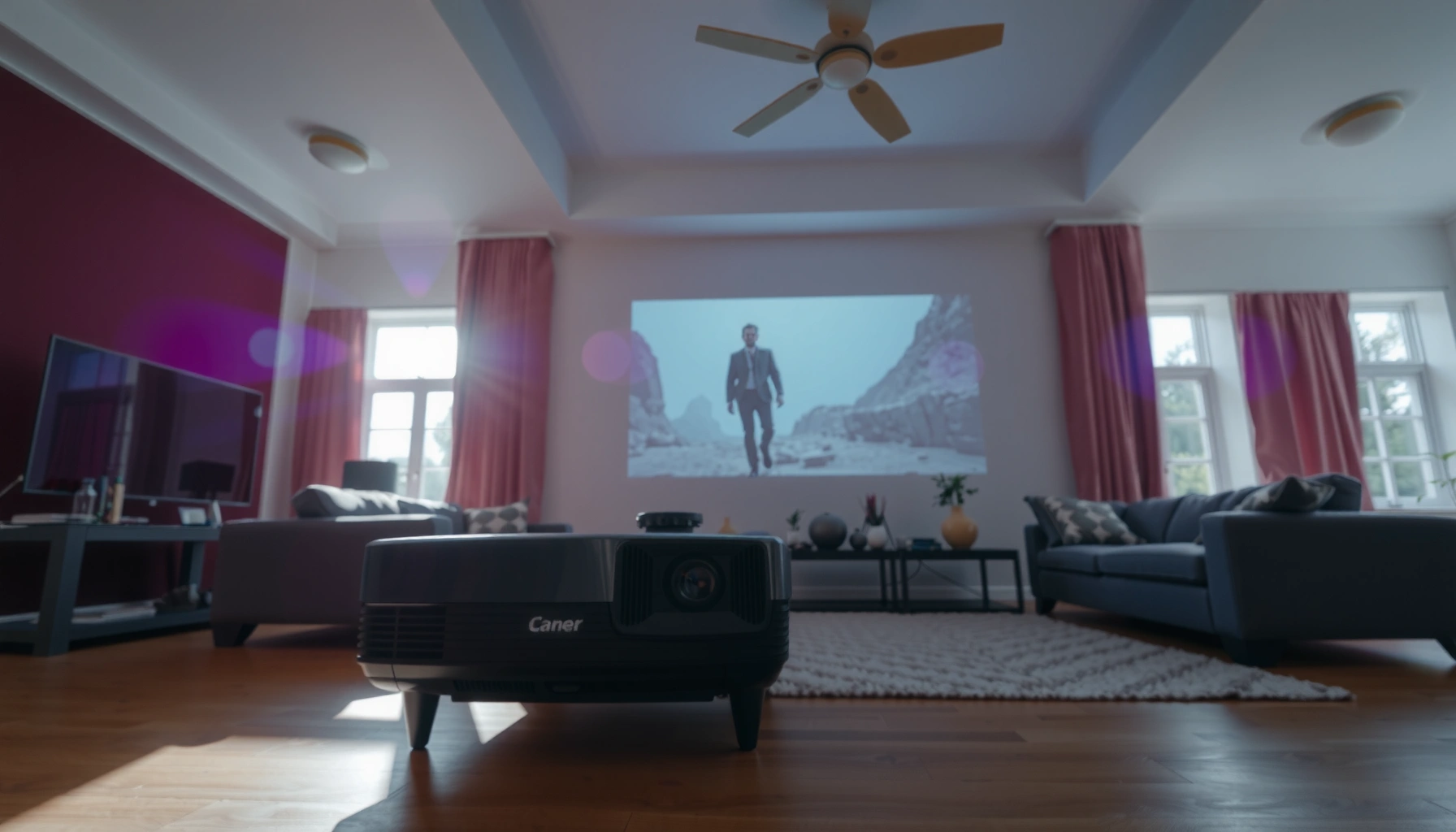 A projector displaying an image in daylight, illustrating the importance of lumens for visibility.