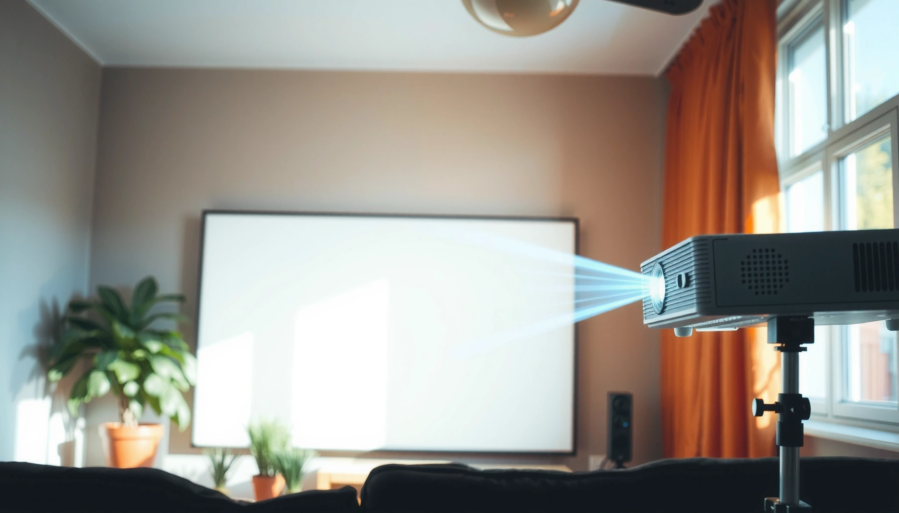 A projector displaying bright images in daylight, illustrating the importance of lumens for visibility.