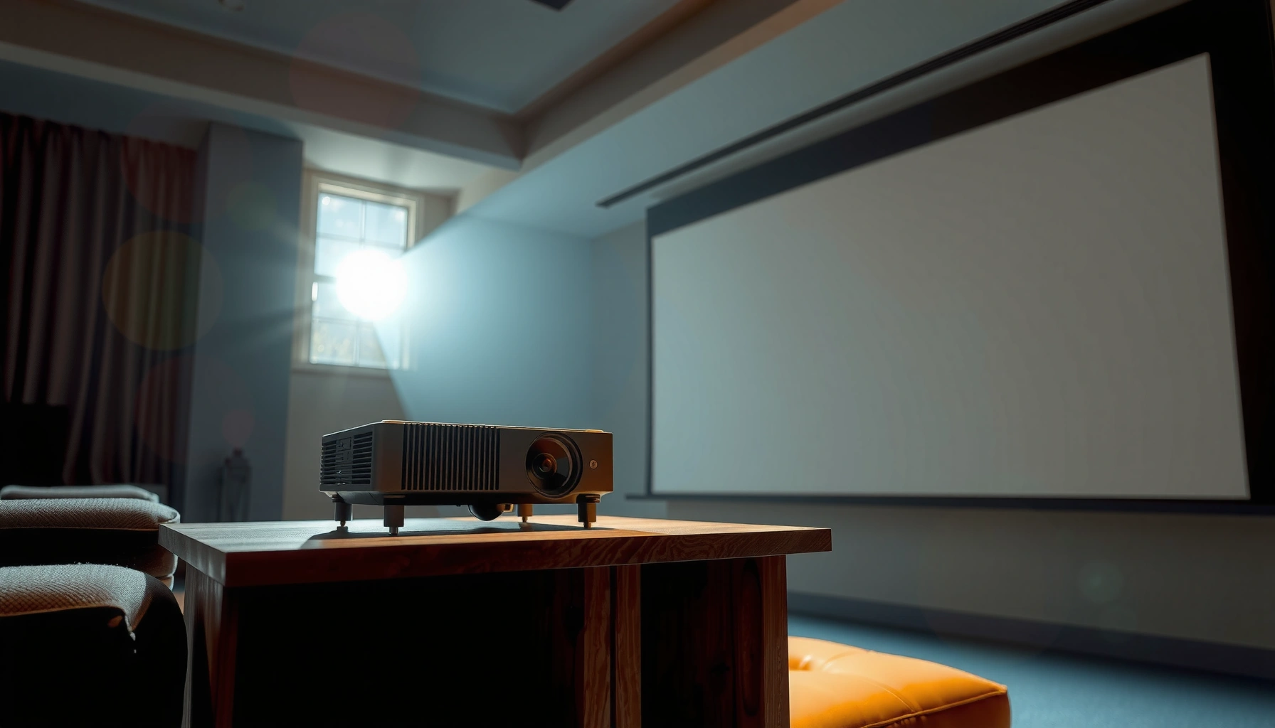 A projector with a bright image displayed in a well-lit room, illustrating lumens needed for daylight use.