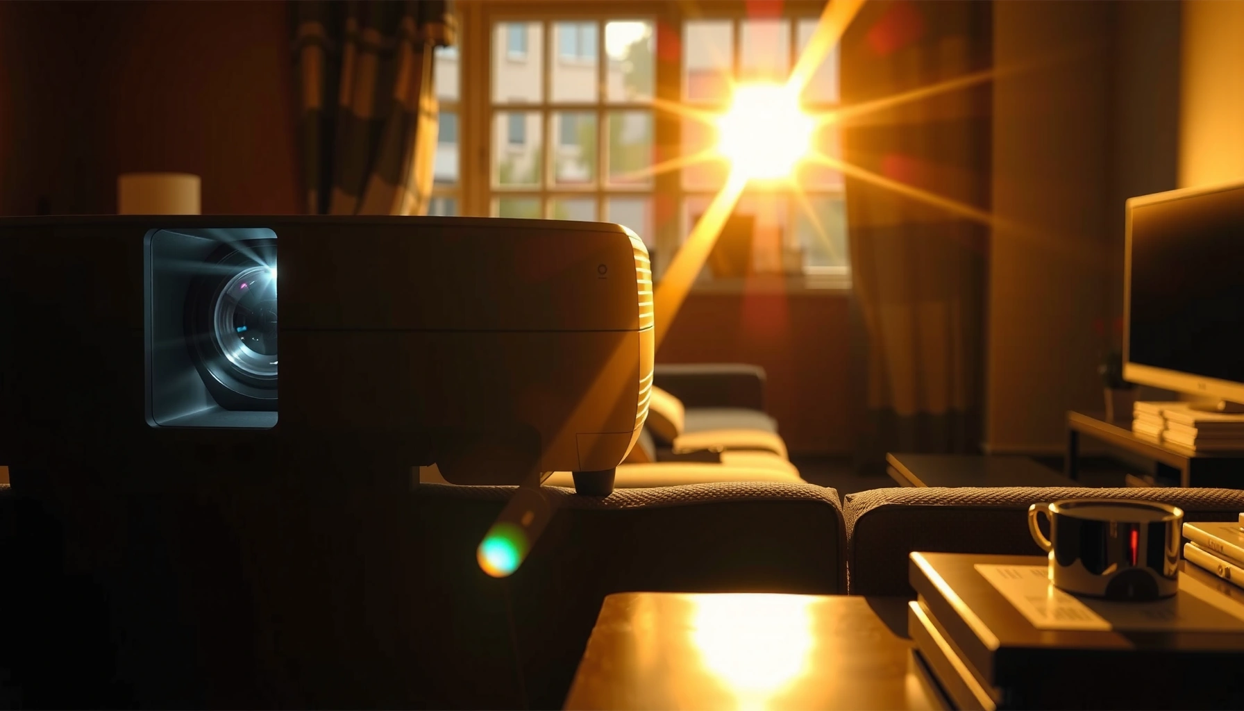 A bright projector displaying an image in daylight, illustrating the importance of lumens for visibility.