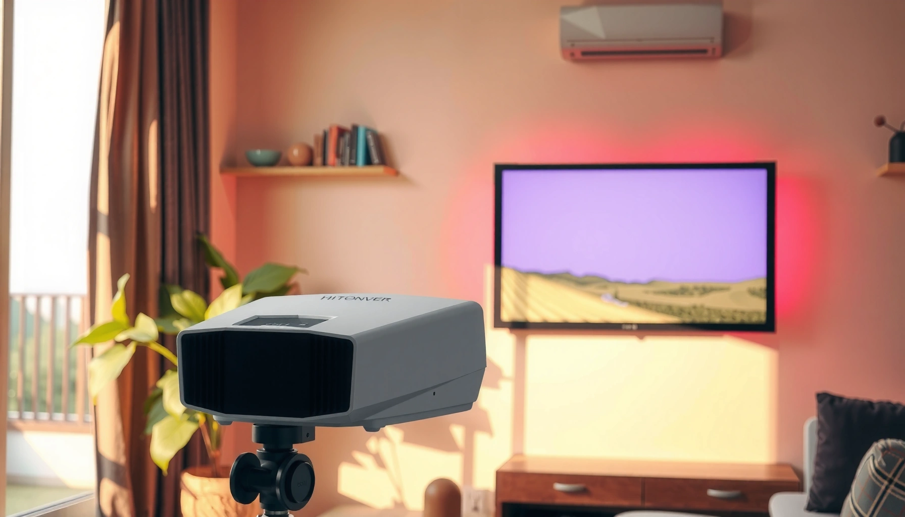 A projector displaying an image in a brightly lit room, illustrating lumen requirements for visibility.
