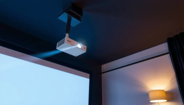 Illustration showing optimal projector mounting distance from screen for best viewing experience