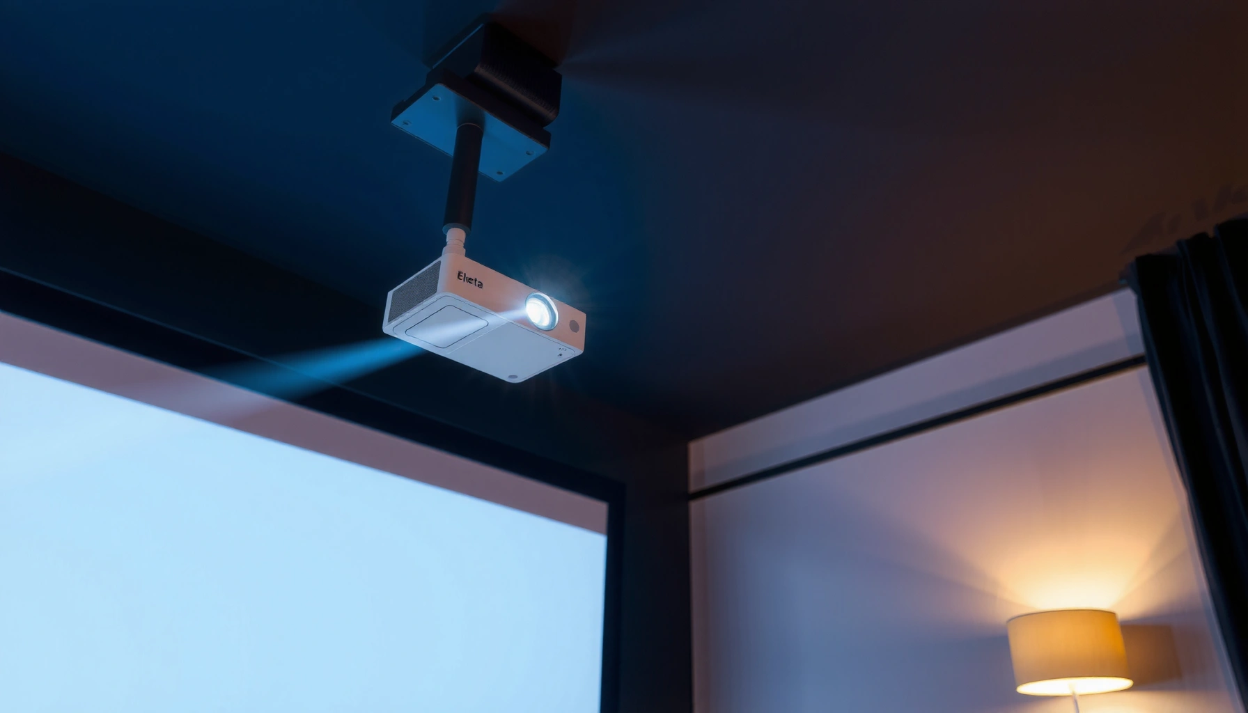 Illustration showing optimal projector mounting distance from screen for best viewing experience
