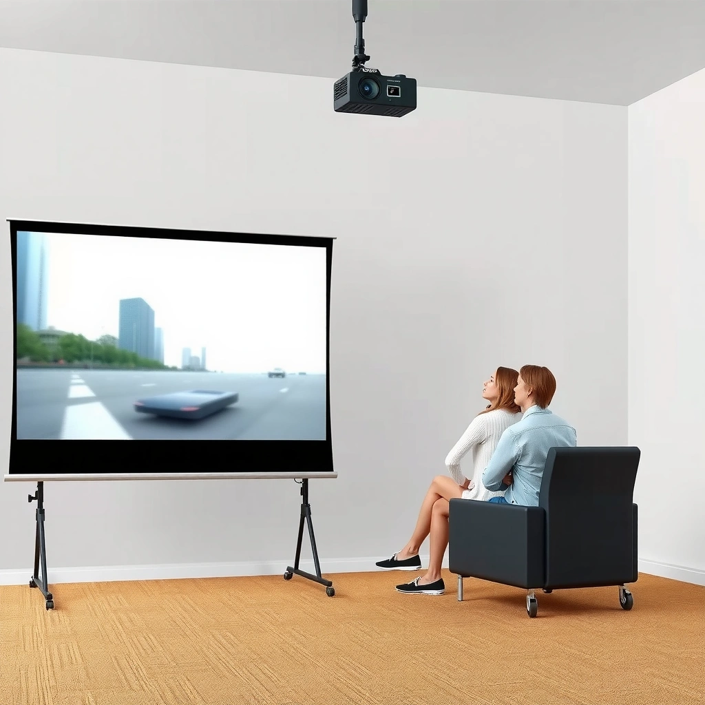 Illustration showing the rule of 1.2–1.5× screen width for optimal projector seating distance