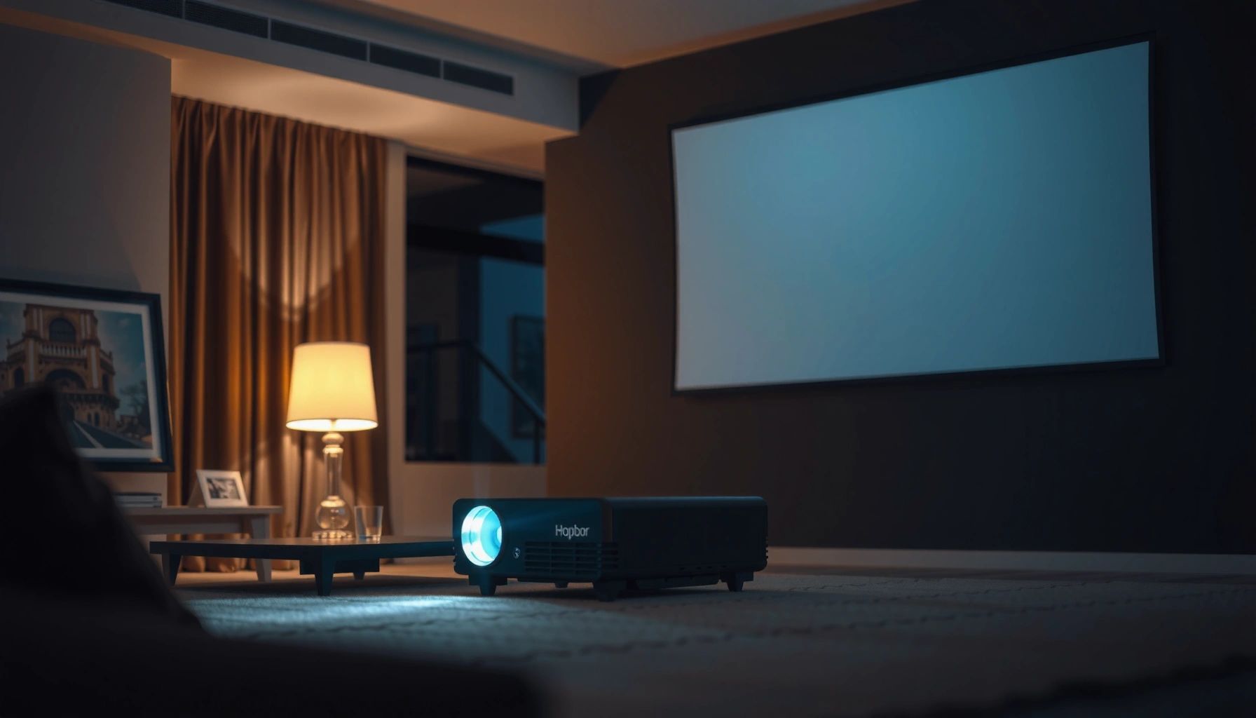 Illustration showing optimal distance from projector to screen for best image quality.