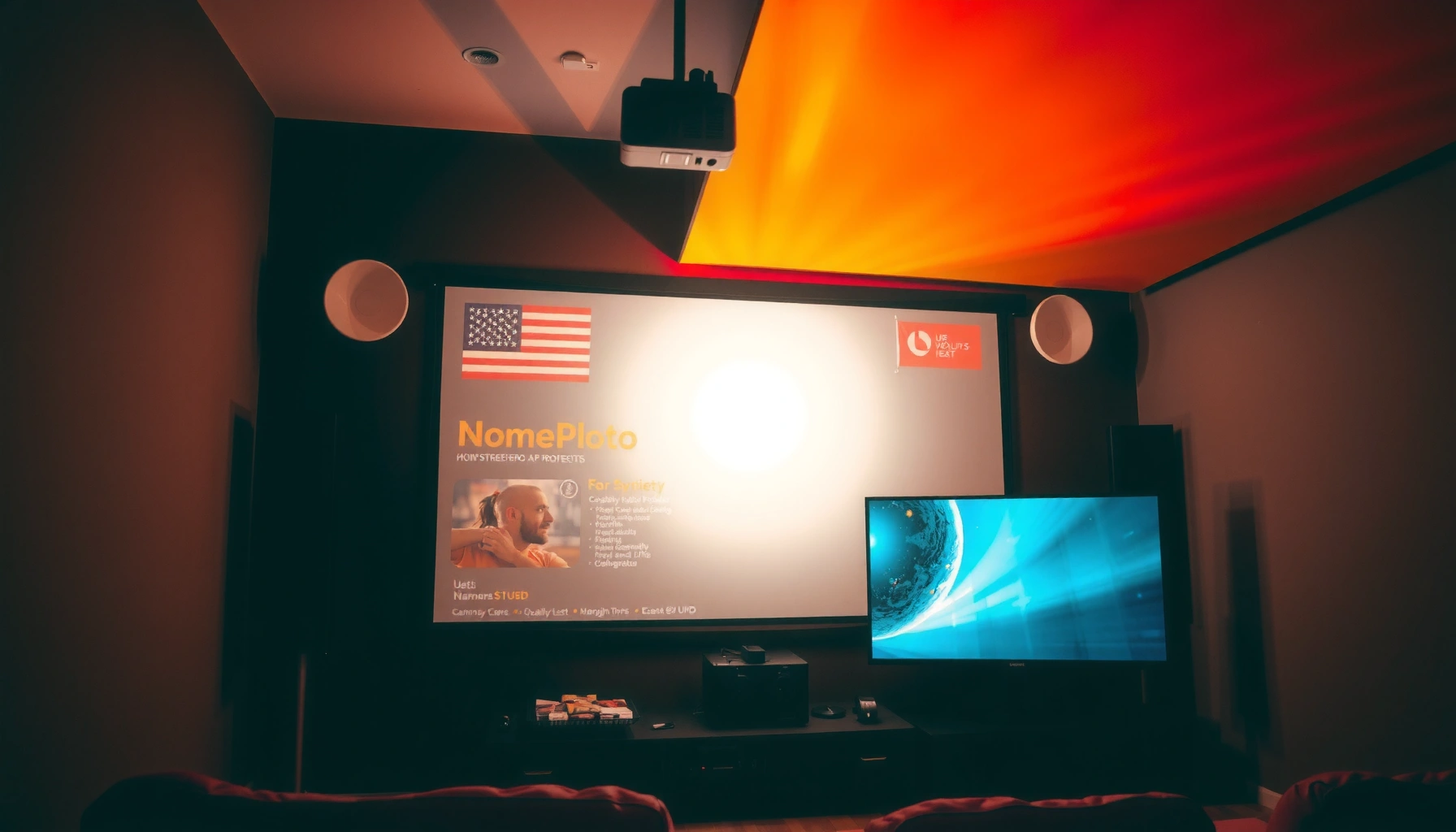 Side-by-side comparison of a projector and a TV, illustrating differences in display quality and size.