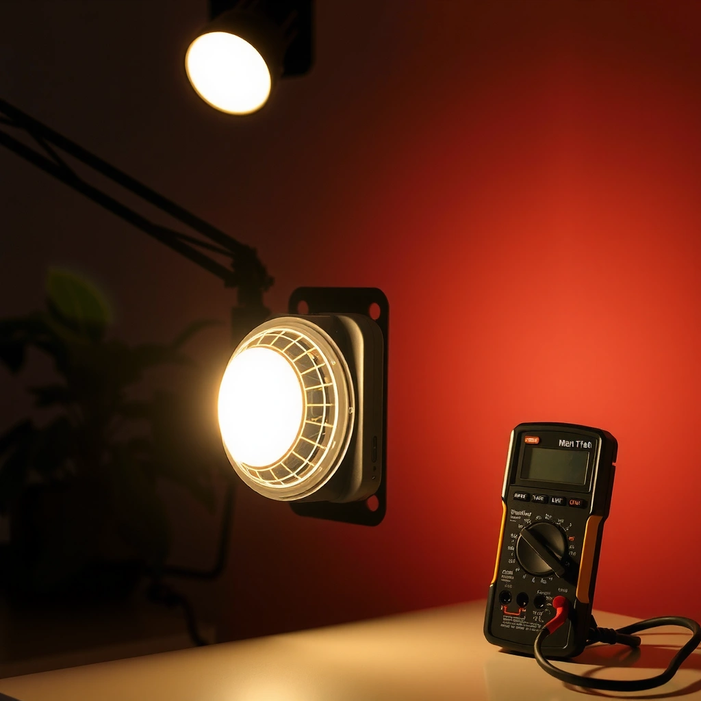 Safety precautions for testing projector lamp with a multimeter, highlighting what not to test.