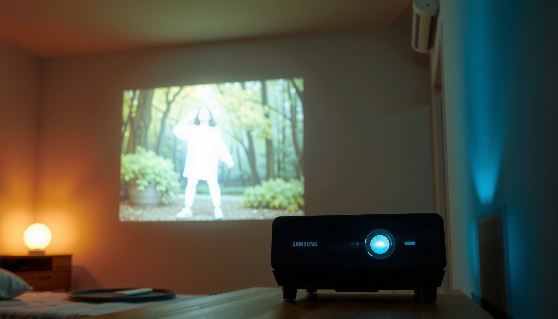 A close-up of the Samsung Freestyle projector showcasing its lumens output.