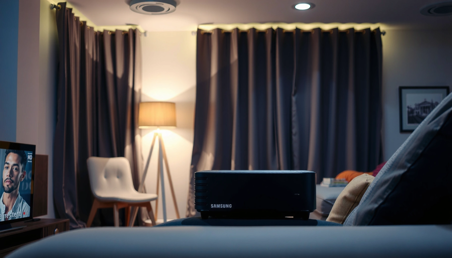 Samsung Freestyle projector showcasing its lumen output and brightness levels.