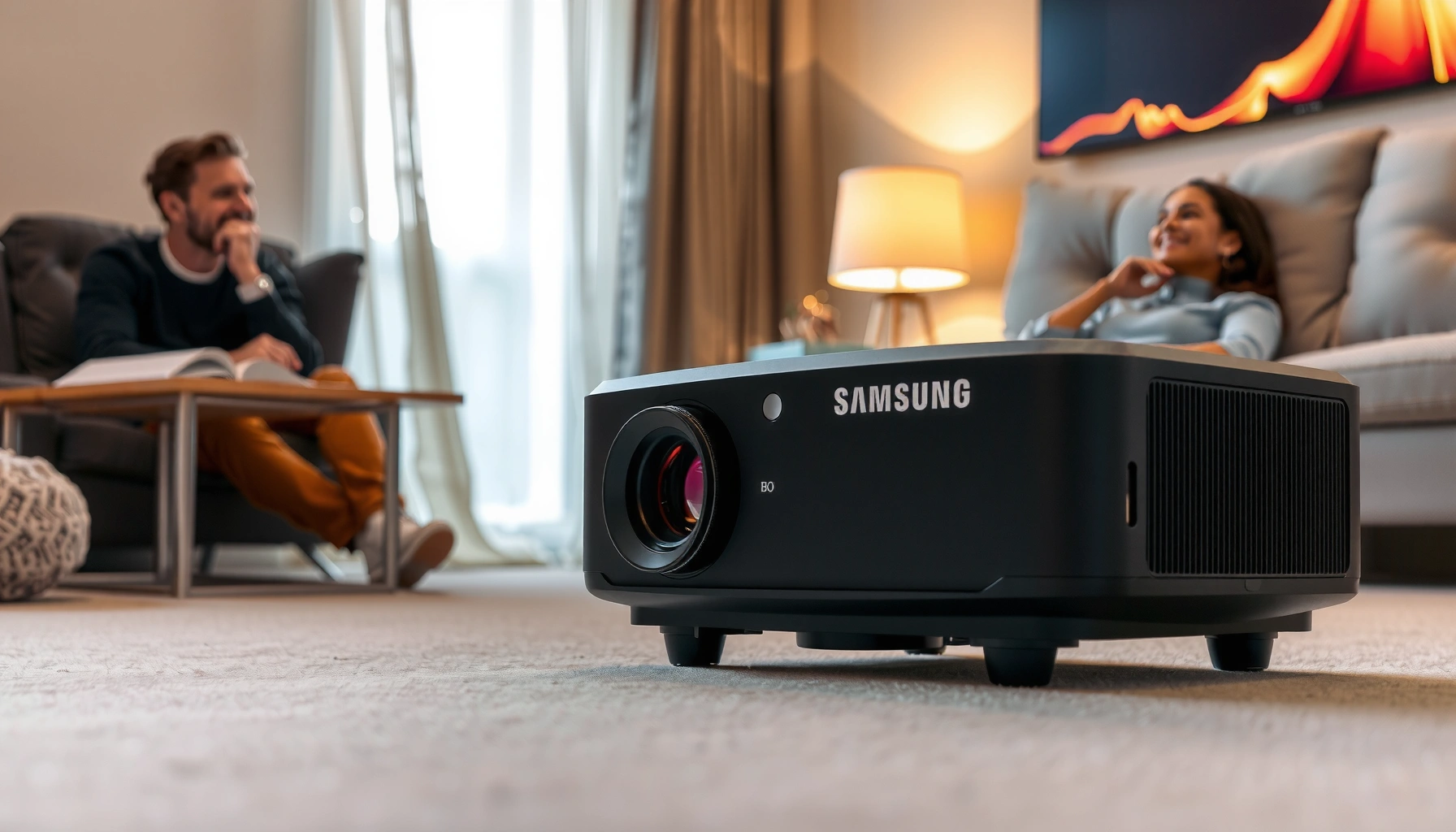 A Samsung Freestyle projector showcasing its features and pricing information.