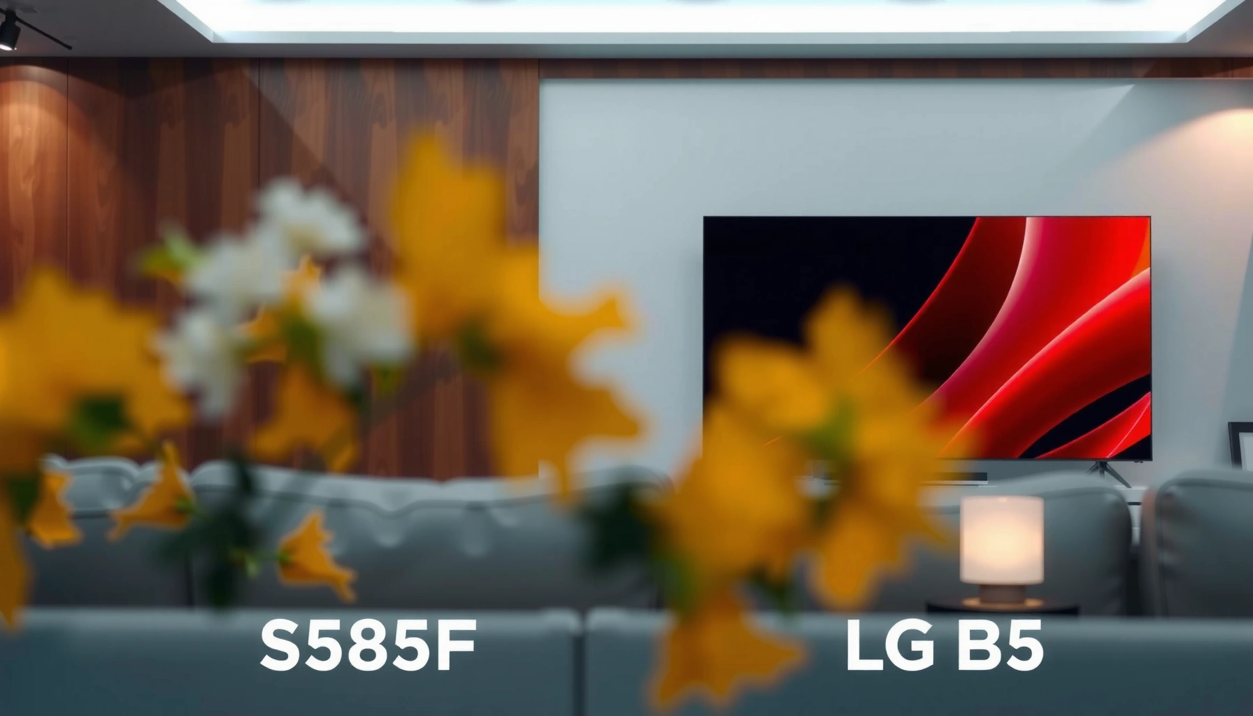 Comparison image of Samsung S85F and LG B5 TVs highlighting their features and design.