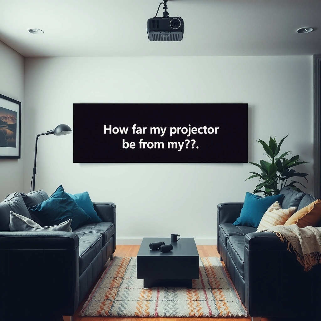 Illustration showing how to calculate screen size and throw ratio for projector setup.