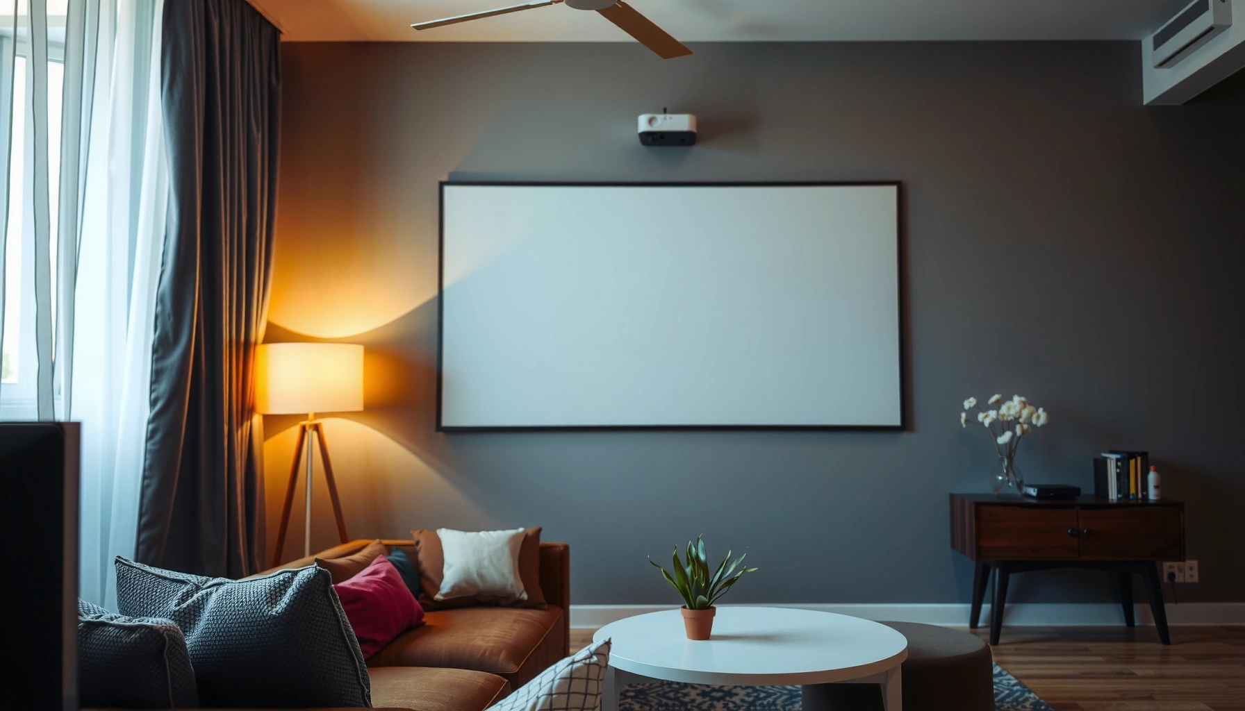 Illustration showing the effective range of a short throw projector in various settings.