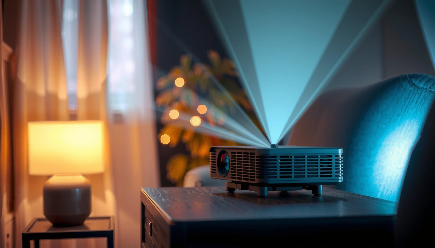 A small projector showcasing its wattage usage for energy efficiency in home entertainment.