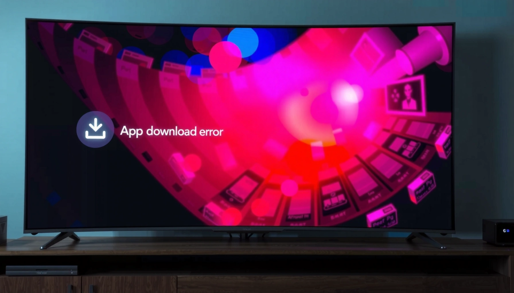 Smart TV displaying error message for app download failure, highlighting causes and fixes.