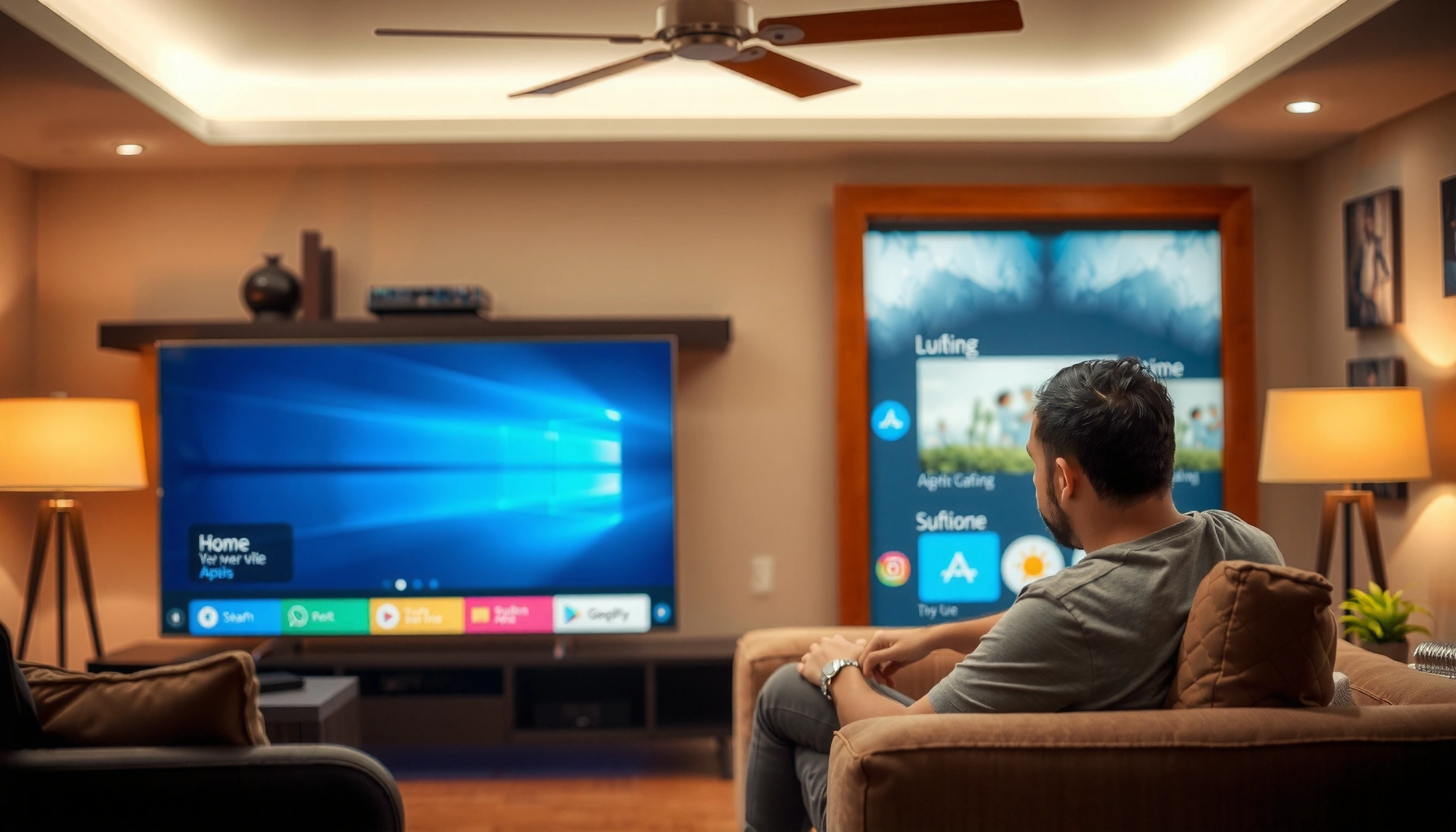 Illustration showing smart TV apps missing from home screen with troubleshooting tips.