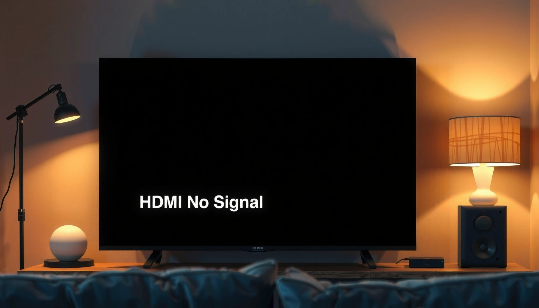 A Smart TV displaying an HDMI no signal error message with troubleshooting tips for users.