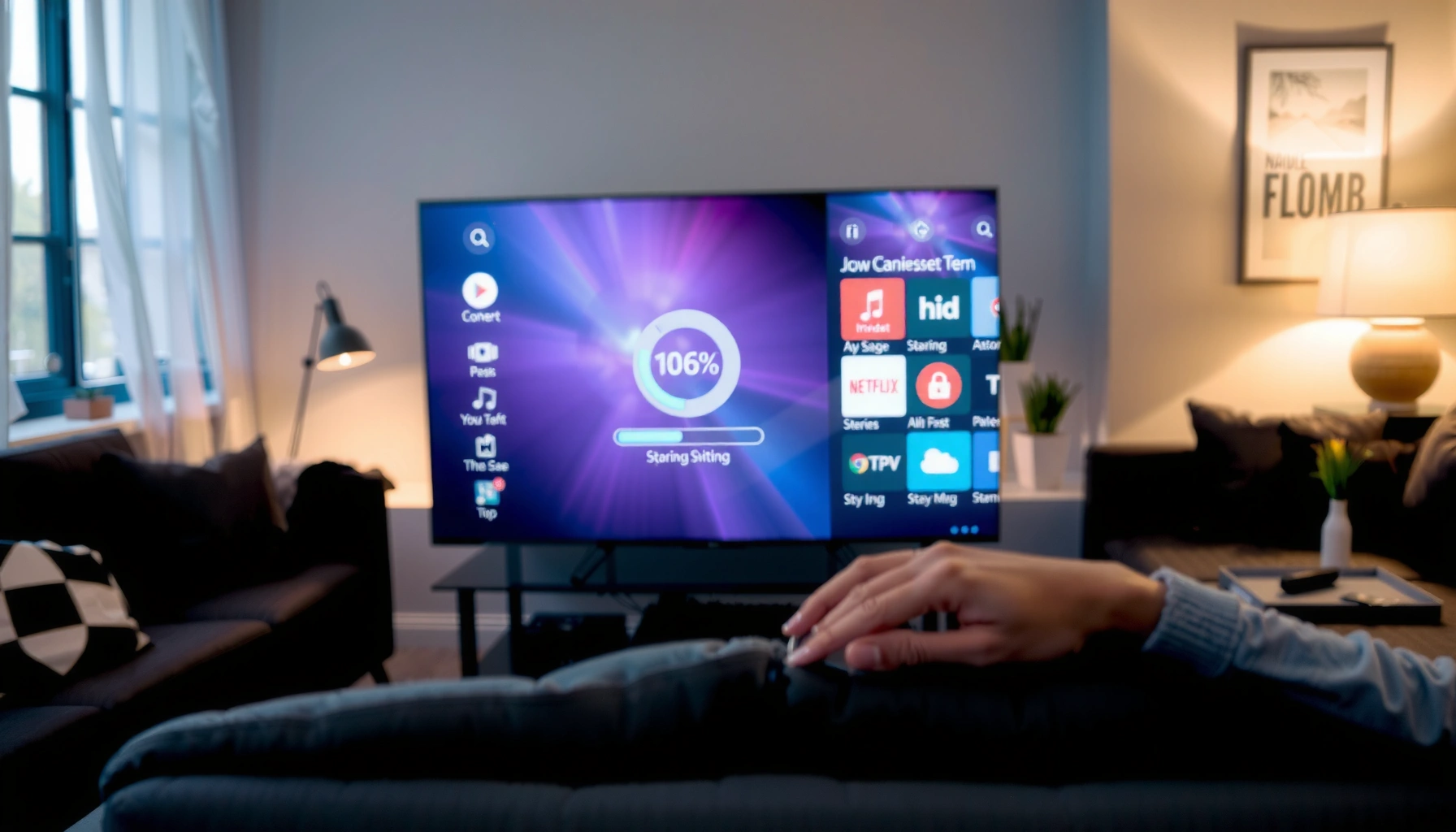 A Smart TV displaying a blank home screen, highlighting loading issues and troubleshooting tips.