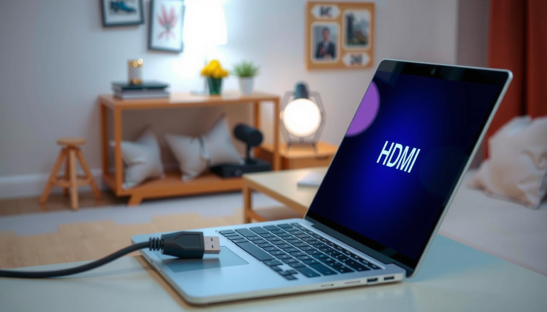 A laptop and smart TV setup showing HDMI connection issues and troubleshooting steps.