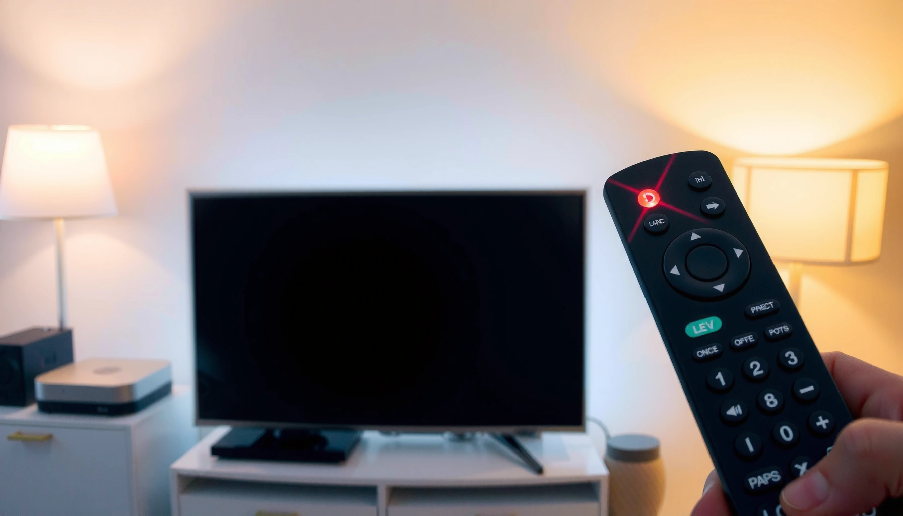 Smart TV remote control blinking red light indicating issues or problems with the device.