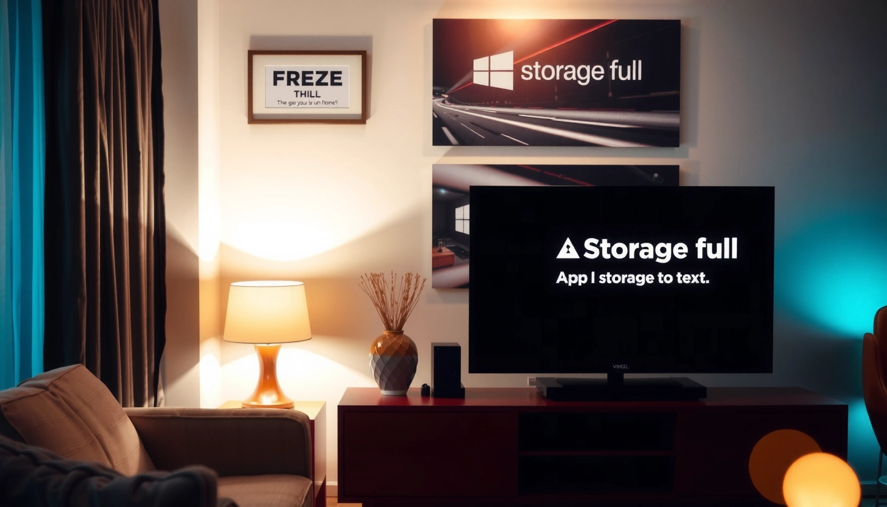 A smart TV displaying an error message about insufficient storage for apps.